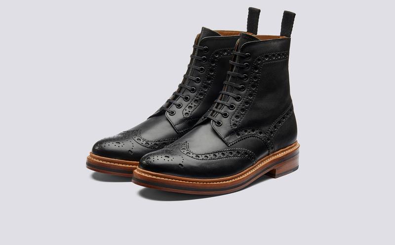 Grenson Fred Mens Brogue Boots - Black Calf Leather with a Leather Sole GX5096